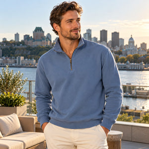 Comfort Colors 1580 Unisex Garment-Dyed Quarter-Zip Sweatshirt on a waterfront terrace