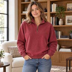 Comfort Colors 1580 Unisex Garment-Dyed Quarter-Zip Sweatshirt in a library lounge