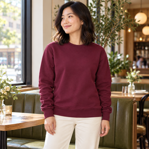 Woman wearing the CSW 24/7 L00540 Maroon crewneck sweatshirt in a sunlit bistro