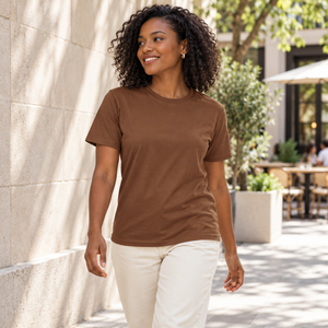 Woman wearing the CSW 24/7 Sprint S05650 T-shirt in Caramel in a sunlit urban courtyard