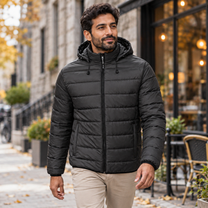 CX2 L00980 Glacial men's puffy jacket with detachable hood in Black — lifestyle photo