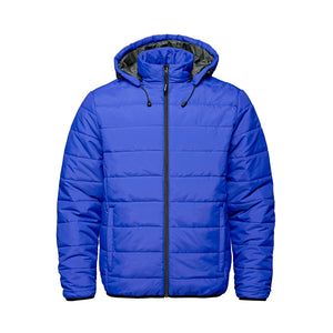 CX2 L00980 Glacial men's puffy jacket with detachable hood in Blue — front view