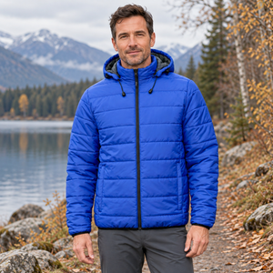 CX2 L00980 Glacial men's puffy jacket with detachable hood in Blue — lifestyle photo