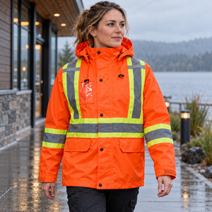 CX2 L01205 Storm Hi-Vis Raincoat with Detachable Hood in Fluorescent Orange - lifestyle view