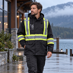 CX2 L01205 Storm Hi-Vis Raincoat with Detachable Hood in Black - second lifestyle view