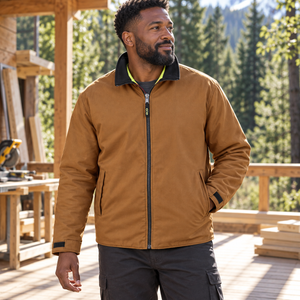CX2 L01210 Zircon Reversible Cotton Canvas Hi-Vis Jacket in Tan/Hi-Vis Yellow - lifestyle view
