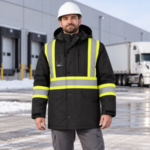 CX2 L01275 Kenworth 5-in-1 outer parka in Black, with detachable hood, snap storm flap and reflective bands — lifestyle view