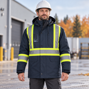 CX2 L01275 Kenworth 5-in-1 outer parka in Navy, with detachable hood, snap storm flap and reflective bands — lifestyle view