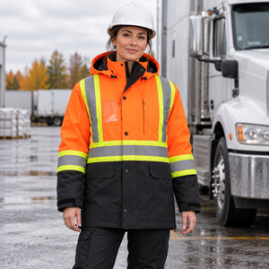 CX2 L01275 Kenworth 5-in-1 outer parka in Hi-Vis Orange, with detachable hood, snap storm flap and reflective bands — lifestyle view