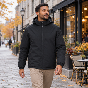 CX2 L03400 Playmaker men's insulated jacket with detachable hood in Black — front lifestyle photo