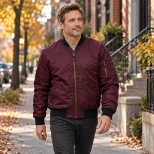 Model wearing the CX2 L09300 men's insulated bomber jacket in Burgundy — lifestyle photo