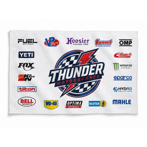 Custom white sponsorship rally towel, 12 x 18 inches, with sample team and sponsor logos