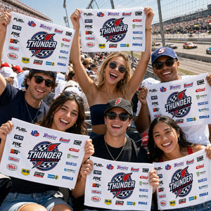 Fans holding custom sponsorship rally towels at a sporting event