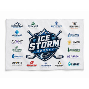 Custom white sponsorship rally towel with sample hockey team and sponsor graphics