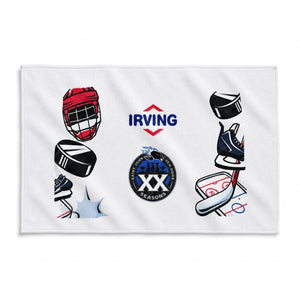 White sponsorship rally towel with sample full-colour sponsor artwork