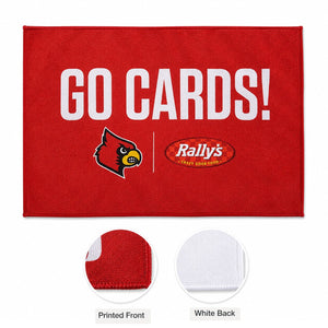 Custom edge-to-edge printed rally towel showing a sample red front and white reverse