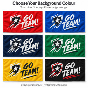 Custom printed towel background colour examples; front can be printed any artwork colour and reverse stays white