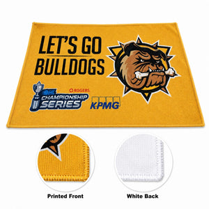 Edge-to-edge rally towel with sample yellow team artwork and white reverse