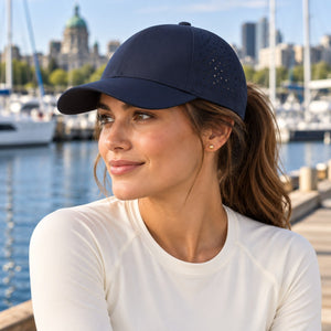 Flexfit 180AP Delta® Snapback Perforated Cap in Navy — lifestyle view