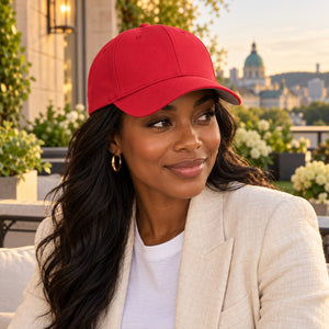 Flexfit 5001 V-Flexfit® Cotton Twill Cap in Red — lifestyle view