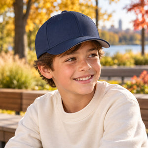 Flexfit 6277Y Youth Cotton Blend Cap in Navy — lifestyle view