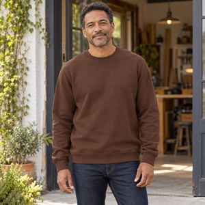 Just Like Hero HERO-1020 Unisex Crewneck Sweatshirt in Cocoa, lifestyle view on an adult model
