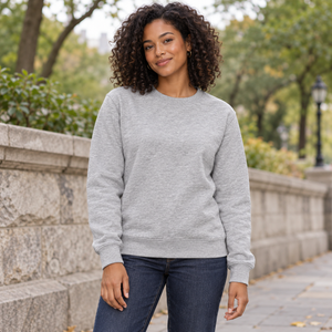Just Like Hero HERO-1020 Unisex Crewneck Sweatshirt in Sport Grey, lifestyle view on an adult model
