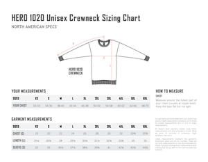 Just Like Hero HERO-1020 garment size chart; flat chest width, body length and centre-back sleeve measurements in inches.