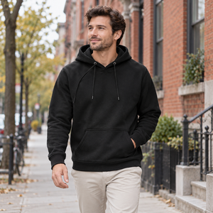 Just Like Hero HERO-2020 Unisex Pullover Hoodie in Black, lifestyle view on an adult model