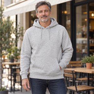 Just Like Hero HERO-2020 Unisex Pullover Hoodie in Sport Grey, lifestyle view on an adult model