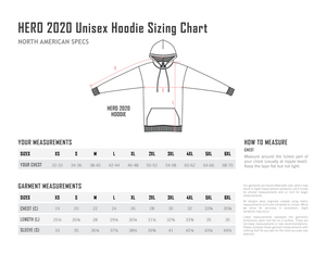Just Like Hero HERO-2020 hoodie size chart, sizes XS to 6XL; body chest and garment measurements in inches.