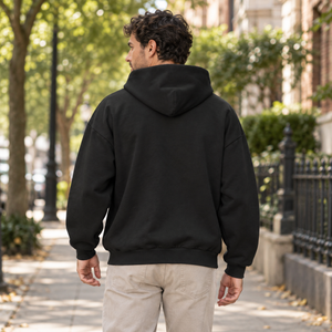 Just Like Hero HERO-2120 Unisex Drop Shoulder Hoodie in Black, back view on an adult model