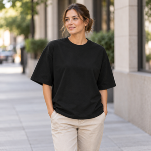 Just Like Hero HERO-300 Unisex Heavy Oversized T-Shirt in Black, lifestyle view on an adult model