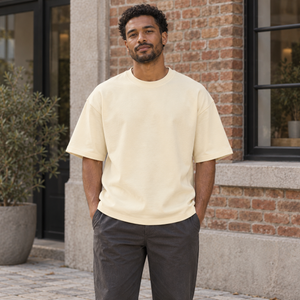 Just Like Hero HERO-300 Unisex Heavy Oversized T-Shirt in Ivory, lifestyle view on an adult model