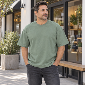 Just Like Hero HERO-300 Unisex Heavy Oversized T-Shirt in Dusty Green, lifestyle view on an adult model