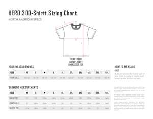 Just Like Hero HERO-300 garment size chart; flat chest width, body length and centre-back sleeve measurements in inches.