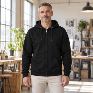 Just Like Hero HERO-3020 Unisex Full Zip Hoodie in Black, lifestyle view on an adult model