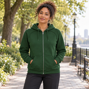 Just Like Hero HERO-3020 Unisex Full Zip Hoodie in Forest Green, lifestyle view on an adult model