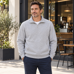 Just Like Hero HERO-4020 Unisex Quarter Zip Sweatshirt in Sport Grey, lifestyle view on an adult model