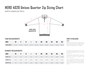 Just Like Hero HERO-4020 garment size chart; flat chest width, body length and centre-back sleeve measurements in inches.