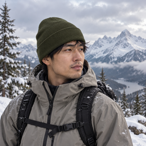 YP Classics 1501KC Cuffed Knit Beanie mountain lifestyle mockup 2 - Olive