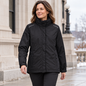 Model wearing the CORE365 Women's 3-in-1 Jacket with Fleece Liner – 78205 in a lifestyle setting - Black