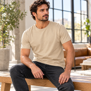 M&O 4800 Gold Soft Touch Unisex T-Shirt — Sand, alternate lifestyle mockup 2