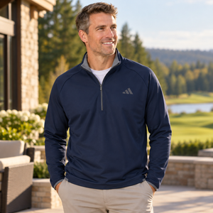 Model wearing the Adidas Men's Ultimate365 Wind Quarter-Zip Pullover – A2027 in a lifestyle setting - Collegiate Navy