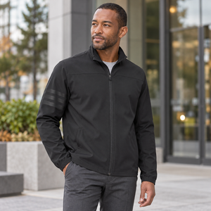 Model wearing the Adidas Men's Wind Resistant Full-Zip Jacket – A267 in a lifestyle setting - Black/ Black