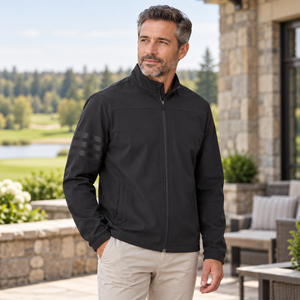 Model wearing the Adidas Men's Wind Resistant Full-Zip Jacket – A267 in a lifestyle setting - Black/ Black