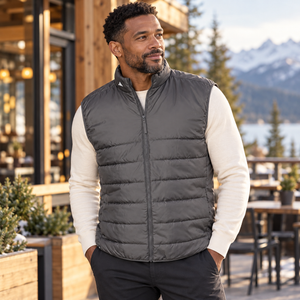 Model wearing the Adidas A572 Puffer Vest in a lifestyle setting - Grey