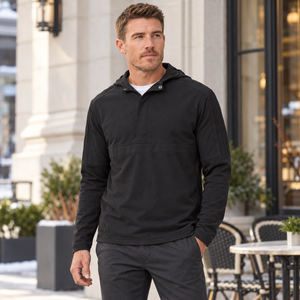 Model wearing the Adidas Men's Half-Zip Hooded Anorak – A607 in a lifestyle setting - Black