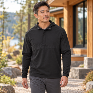 Model wearing the Adidas Men's Half-Zip Hooded Anorak – A607 in a lifestyle setting - Black