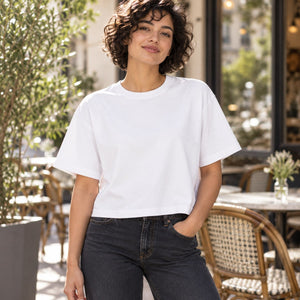 American Apparel 102 Women's Fine Jersey Boxy Tee — undecorated garment in a premium lifestyle setting